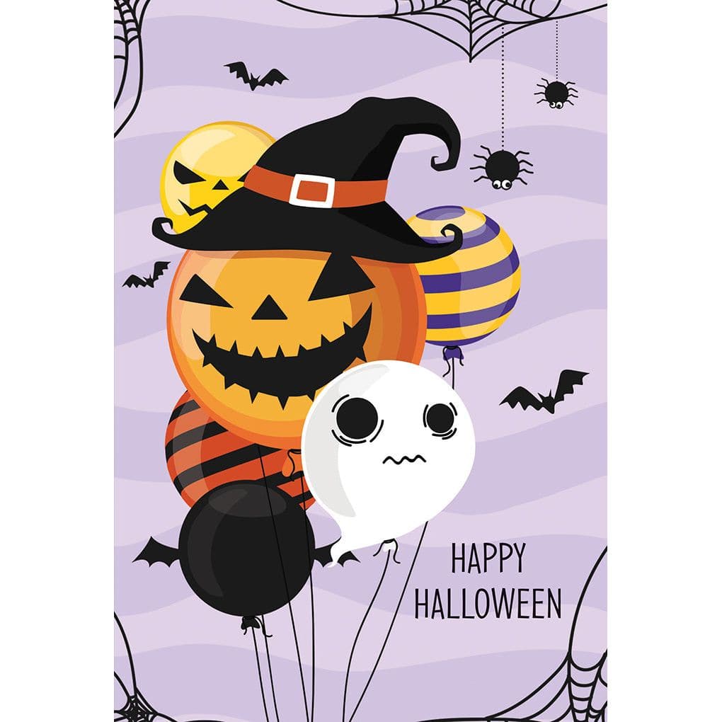 Halloween card featuring pumpkin and ghost balloons by Pictura with colorful Halloween-themed illustrations.